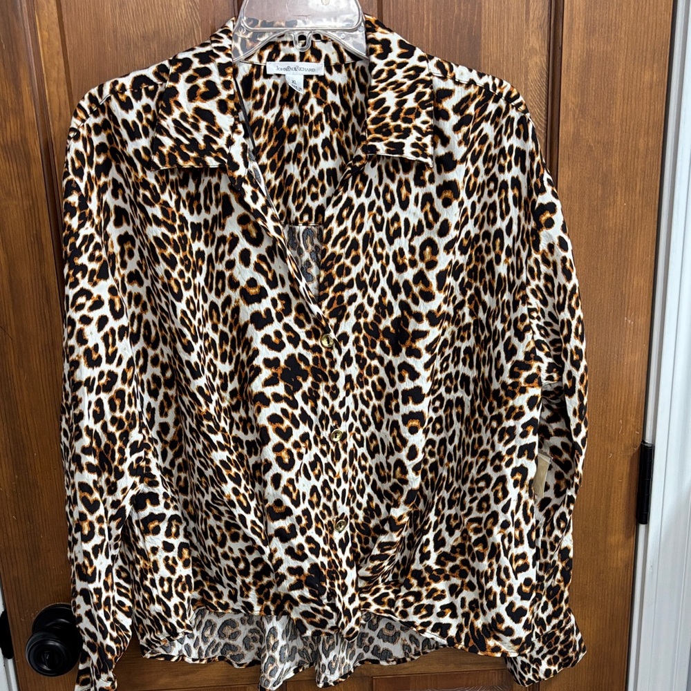 John Paul Richard Animal Print Twist Front Blouse Brown Black Women's Size XL